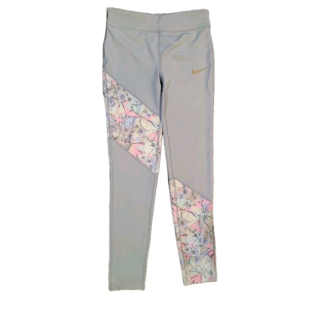 Nike Dri-Fit Girls Full Length Leggings Gray Floral Size XL Pants Tight Fit